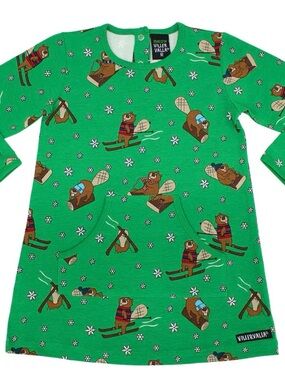 Villervalla Green Beaver Ski Print Dress Sz 116cm